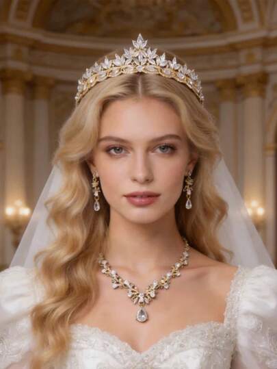 1/3/4pcs Luxury Crystal Queen Tiara & Jewelry Set - Zinc Alloy Crown, Crystal Necklace And Earrings, Suitable For Women Wedding, Dress And Events