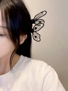 2pcs Rabbit Design Polka Dot Bow Pearl Princess Hair Clips, Cute & Sweet Side Bangs Hair Accessories - Black - View 3