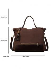 Women's Minimalist Color Block Fringe Zipper Decor Tote Bag - Coffee - View 6