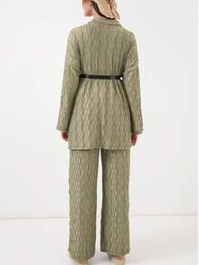 Women's Full Print Long Sleeve Single-Breasted Jacket And Pants Casual Suit - Army Green - View 3