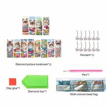 12pcs/Set DIY Diamond Painting Bookmarks - Cat Design, Multicolor Mosaic Decor - View 11