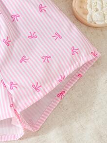 Girls' Summer Casual Backless Jumpsuit, Bow & Ruffle Trim, Striped Bow Print Romper, Fashionable Vacation Style For Girls - Pink - View 4