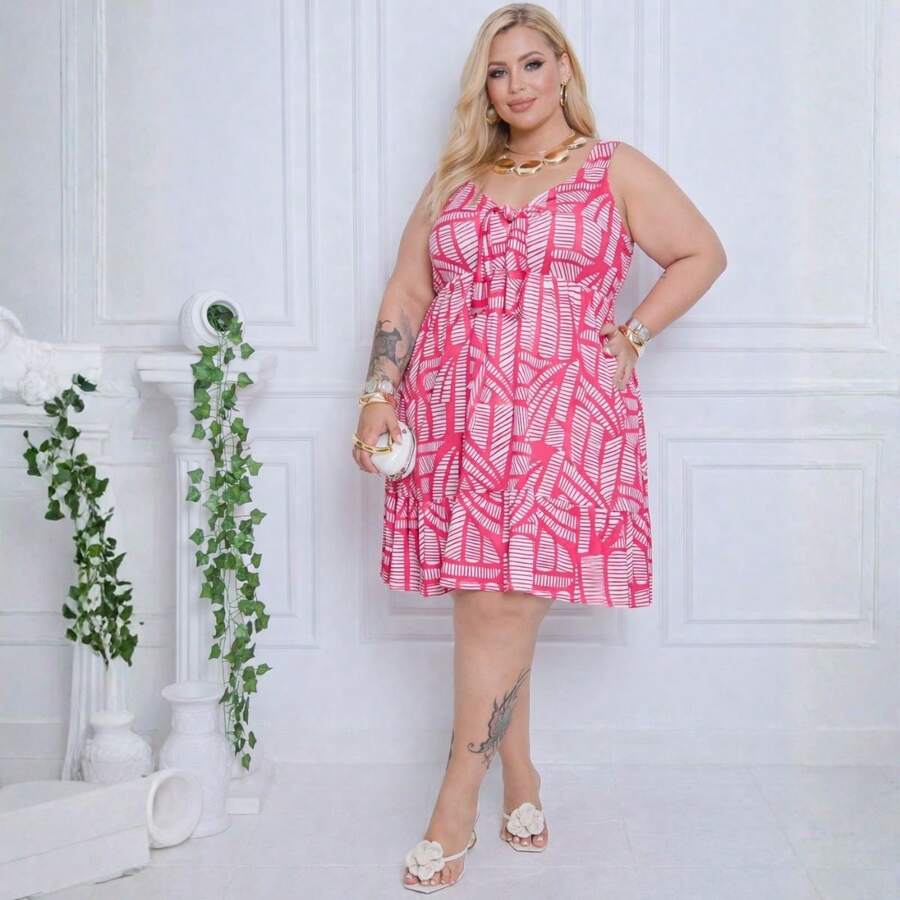 Plus Size Midi Dress With Elastane, Curve Print, Women's Style, With Ruffled Hem, Comfortable, Short Midi Dress - Rosa - Ver 1
