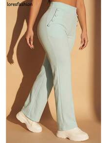 Pantalón de vestir mujer cintura alta pierna ancha stretch crepé casual elegante para oficina reuniones eventos bolsillos pretina elasticada botón forrado antiarrugas sin transparencia suave - Celeste - Ver 3