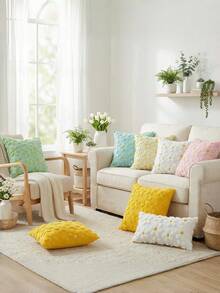春夏粉色雏菊抱枕套套装（1件），季节性假日农舍装饰黄色花朵爱心柔软毛绒仿毛皮提花靠垫套，适用于家居沙发 - 黃色 - 查看 7