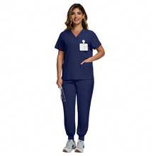 Uniform Set, Surgical Gown, Women's Surgical Outfit, Nurse & Beauty Salon Workwear, Clinical Surgical Suit Top And Pants Set, Women's Uniform, Elegant Short Sleeve V-Neck Nurse Top And Waist-Cinching Pants Set Spring - Màu xanh hải quân - Xem 6