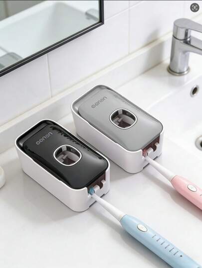 1 pieza Dispensador de pasta de dientes montado en la pared con soporte para cepillo de dientes, conjunto de accesorios de baño, decoración de baño para el hogar, estilo minimalista de regreso a la escuela en otoño, herramienta de almacenamiento de baño, dispensador de pasta de dientes automático sin perforación