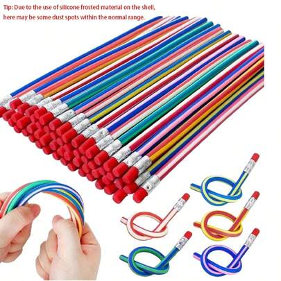 5/10/25/50 piezas Lápices flexibles con borradores - Diseño a rayas de colores novedosos y suaves para estudiantes - Regalo perfecto para Halloween, Navidad y San Valentín, vuelta al colegio