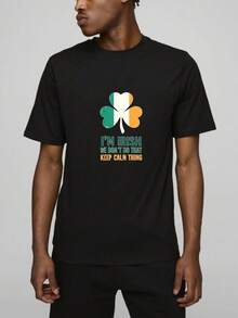Men's T-Shirt, Women's T-Shirt,  St Patrick's Day Themed Designs Featuring,  I'm Irish We Don't Do That Keep Calm Thing   Green White Orange Shamrock Design   Centered On Black T Shirt   Bold Text With Colorful Leaf   Stylish And Playful Statement   Celebrate Irish Spirit   Fun And Casual Look Comfortable And Versatile Outdoor Casual Short Sleeve - Negro - Ver 4