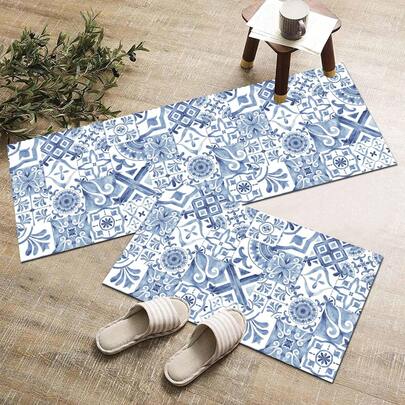 1 قطعة سجادة باب ذات نمط مربعات، سجادة تصريف من البوليستر، مناسبة للمطبخ وغرفة المعيشة والمدخل والشرفة وديكور المنزل، مقاومة للبقع، مناسبة للمقهى والبار والأعياد والحفلات والهدايا وغرفة النوم والحمام، بطراز بوهيمي كلاسيكي