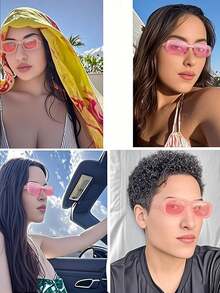 8pcs Fashion Square Frame Party Glasses, Versatile Square Frame Suitable For Beach & Summer, Stylish Pink Oval Small Frame, Suitable For Beach, Party, Photography And Casual Elegant Daily Wear, Women's Minimalist Modern Neutral Street Style - Pink Glasses - View 6