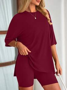 PRETTYGARDEN Women's Summer Clothes 2 Piece Sets Lounge Set Casual Oversized Shirts Biker Shorts Matching Airport Travel Sweatsuit Set Women Vacation Outfit Dark Red Summer Brunch Outfits For Women - 暗紅色 - 查看 3