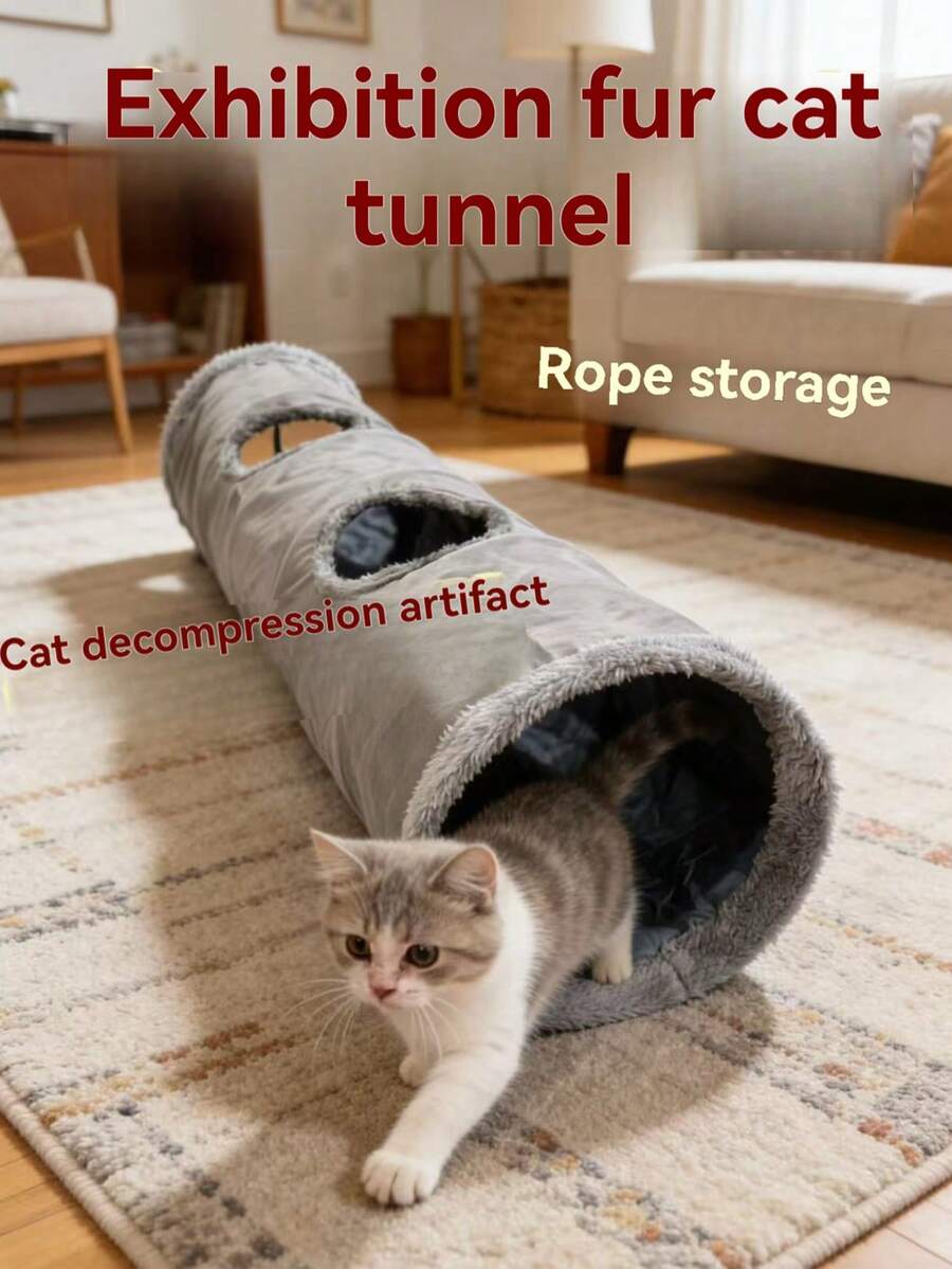 双层绒面猫隧道，可折叠猫玩具隧道，四季皆宜 - 彩色 - 查看 1