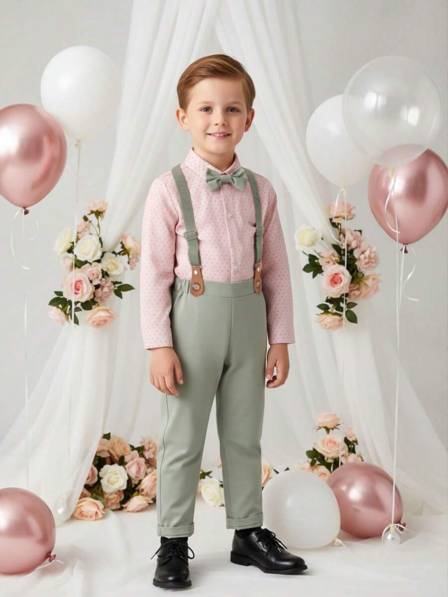 BOARNSEORL 男童绅士两件套，白色长袖衬衫配领结和背带裤，时尚帅气，适合生日派对、婚礼、庆典、婴儿派对等场合。 - 綠色 - 查看 1