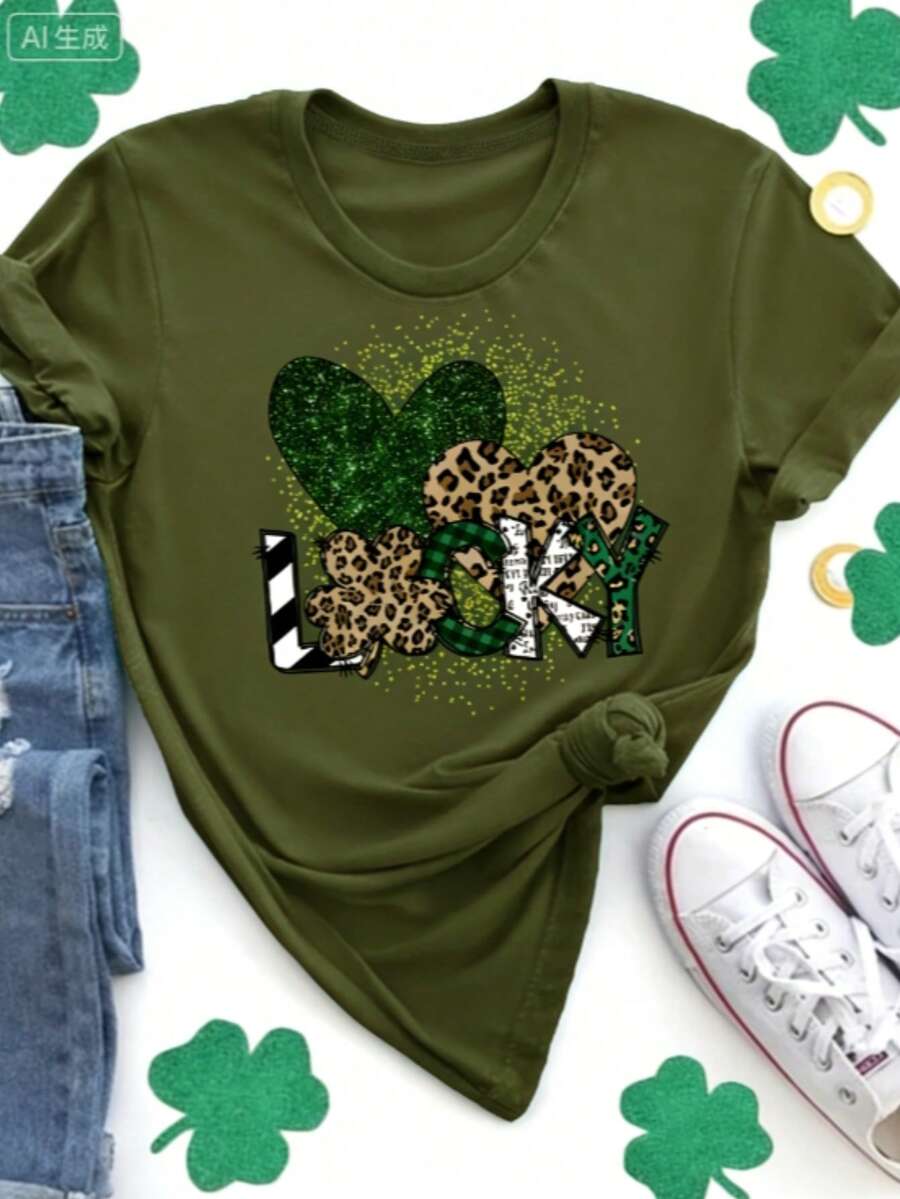 Shiny Clover Pattern Leopard Print "LUCKY" Letter Print + Small Size Short Sleeve Women's Top + Plus Size Short Sleeve Women's Top + Fashion Round Neck T-Shirt, Spring Summer Women's Top-Valentine Gift ST Patrick' S Day - 墨綠色 - 查看 1
