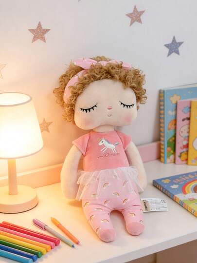 13.78 Inch/35cm Cute Girl Plush Doll, Super Soft Stuffed Doll With Curly Hair And Unicorn Embroidery, Pink Rainbow Outfit Plush Doll, Adorable Companion For Children And Toddlers, Perfect Birthday Christmas Gift For Girls, Sweet Nursery Bedroom Decor Suitable For All Ages