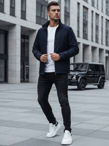 Men's Transitional Season Jacket, Hoodless, Zip-Up Design, Simple Style, Hip-Length, Lightweight Padding, 100% Polyester, Side Pockets, Casual Fit, High Stand Collar, Classic Men's Jacket. - Navy Blue - View 3