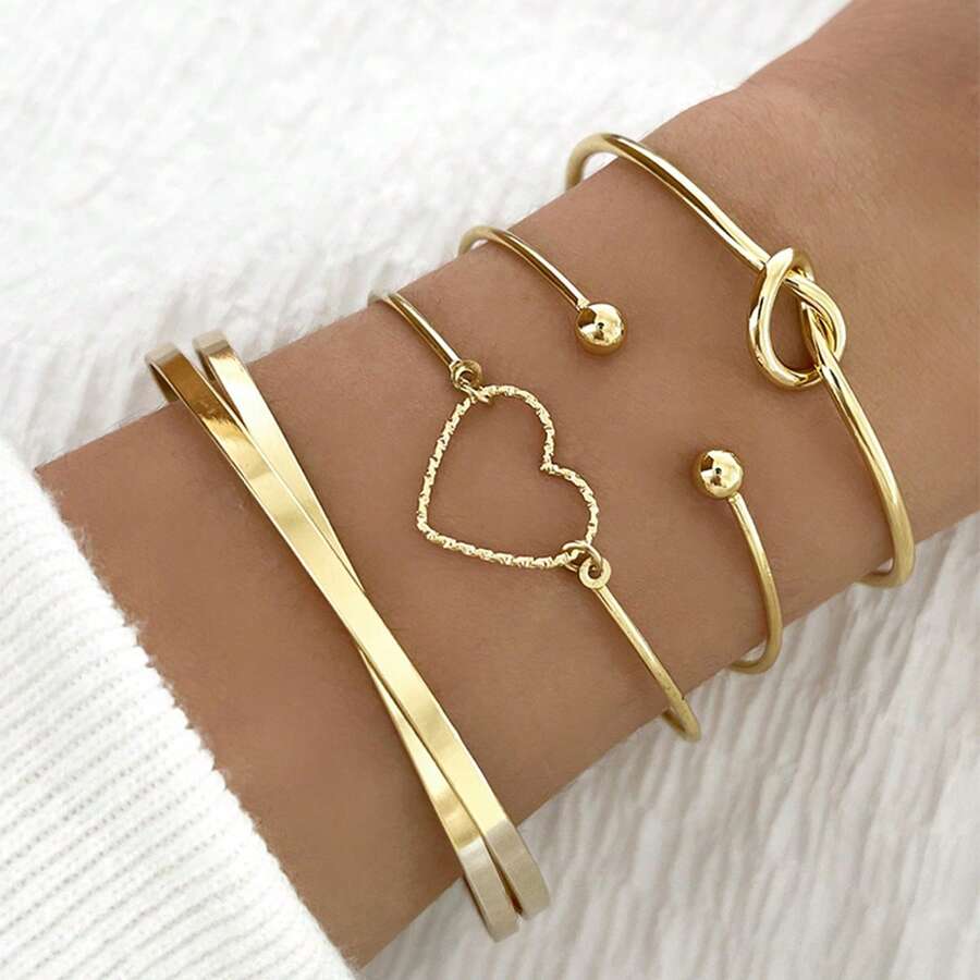 4Pcs/Set Geometric Charm Open Bracelets & Bangle For Women Fashion Heart Knot Cuff Bangle Bracelet Jewelry Gift - 4-piece Bracelet Set - View 1
