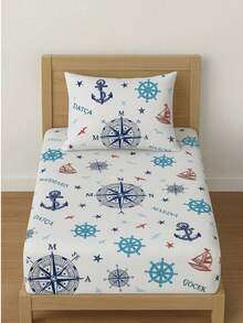 Juego de 1 sábana ajustable con estampado (1 pieza) Hecho en Turquía - Algodón turco - 100x200 cm + (1 pieza) Funda de almohada 50x70 cm | Ropa de cama suave y duradera - Azul - Ver 3