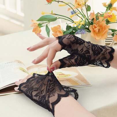 1 คู่ ถุงมือสั้นลูกไม้ไร้นิ้วสำหรับผู้หญิง, ความยาวข้อมือทันสมัย, เหมาะสำหรับงานแต่งงาน, งานเฉลิมฉลอง, งานเต้นรำ, ปาร์ตี้และการรวมตัว