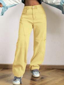 女士黄色 Y2K 复古拼接直筒牛仔裤 - 百搭春夏时尚裤装 - 黃色 - 查看 3