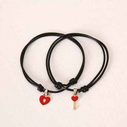 2 piezas Pulsera de con corazón y candado de llave, estilo coreano, ajustable, de cordón encerado, unisex