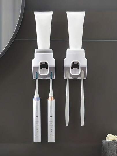 Wall-Mounted Toothbrush Holder & Toothpaste Dispenser, Holds 2 Toothbrushes, Automatic Toothpaste Squeezer, Ideal Bathroom Accessory For Home And Couples