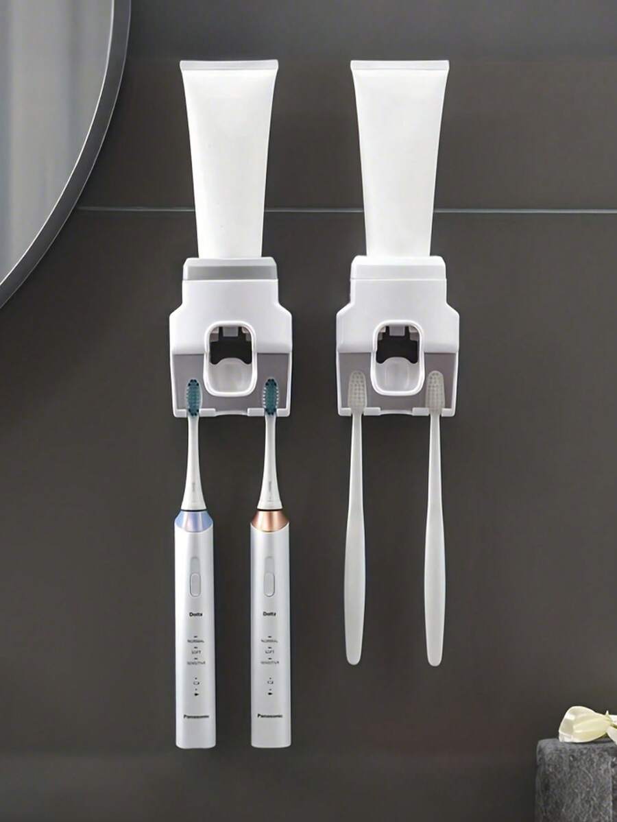壁挂式牙刷架兼牙膏分配器，可放置2支牙刷，自动挤牙膏，是家庭和情侣的理想浴室配件。