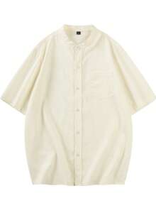 1pc Men's Outdoor Shirt, Sporty & Breathable, Soft Fabric, Single-Breasted Closure, Stand Collar, Chest Pocket, Solid Color, Regular Sleeve, Suitable For Outdoor Activities, Camping, Vacation And Casual Wear - Beige - View 2