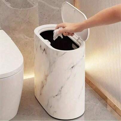 1pc Marble/Wood Grain Plastic Trash Can With Lid, Square Odor-Proof Garbage Bin - Suitable For Bathroom, Kitchen, Living Room, No Electricity Needed, Fits Narrow Spaces