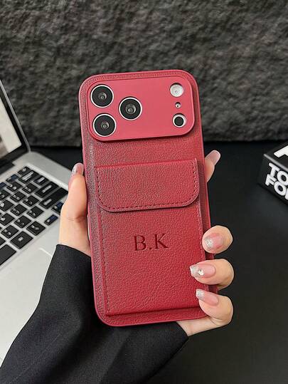 Personalized Luxury Litchi Texture Letter Embossed Flip Cover Card Holder Phone Case, Customized Letter Name, Minimalist Anti-Fingerprint Anti-Drop Anti-Shock Couple Phone Case Soft Shell, Valentine's Day Gift, Good Birthday Gift, Holiday Gift, Gift For Him/Her, Personalized Gift, Customized Product, Customized Gift For Him/Her, Anniversary Gift, Wedding Gift, Personalized Gift For Dad/Mom