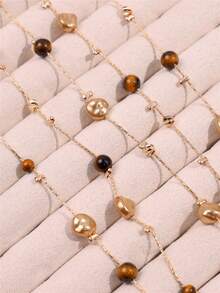 1 Peça Colar Longo de Pedra de Olho de Tigre na Cor Âmbar e Pérola Falsa, Colar de Contas Multiuso, Joias da Moda - Multicolorido - Visão 8
