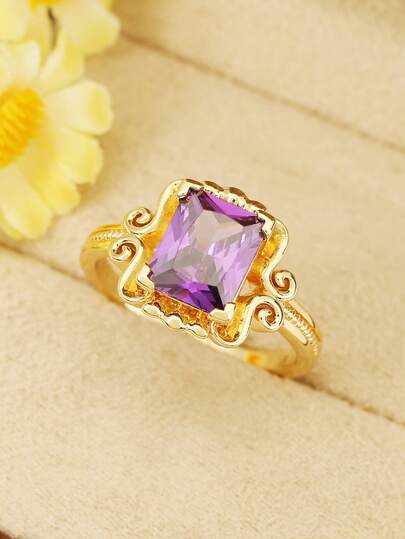 1 pieza Anillo de cobre decorativo con circonita cúbica púrpura vintage, adecuado para uso diario de mujeres, boda, compromiso, joyería de fiesta, regalo del Día de San Valentín