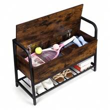 Shoe Bench With Storage Space Bench Industrial Design Shoe Rack Vintage Metal Frame Dark Brown 90 X 40 X 45 Cm Hinged Lid Grid Shelf Wardrobe Bench Retro Wood Look - Brown - View 9