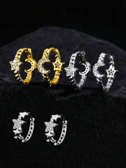 1 Pair Luxury Retro Zirconia Star & Moon Hoop Earrings, Double-Sided Asymmetric Micro- Fashion Earrings, Suitable For Gifts, Parties And Daily Wear