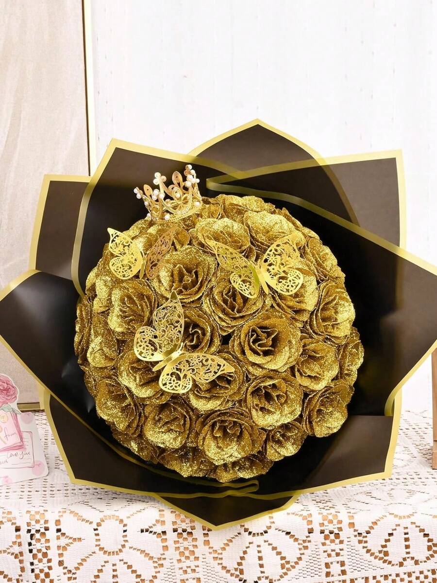 68/45/23 闪亮金玫瑰花束，DIY 闪光玫瑰花束，人造玫瑰花束，适合情人节、房间装饰、仿真花、玫瑰花束配白色满天星、假花、新娘捧花、订婚派对、婴儿派对装饰