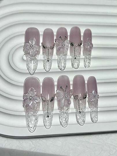 10片/套 春季3D泡桐花美甲贴纸，闪亮紫色和粉色猫眼假指甲，珍珠蝴蝶花瓣椭圆形美甲用品（1片果冻贴纸+1个指甲锉）