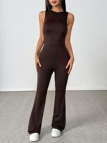 1pc Solid Color Sleeveless Jumpsuit, Slim Fit New Stylish Sportswear Flared Jumpsuit - Brown - View 3