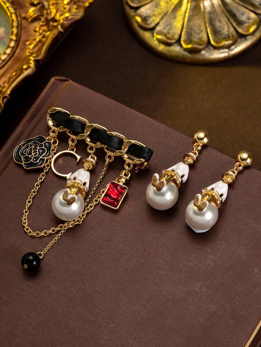 1 Pair Earrings & 1 Brooch, Fashion Jewelry Set, Cute Ballerina Girl Flower Design, Sweet & Elegant, Suitable For Parties And Holidays - Multicolor - View 1