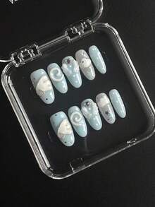 Handmade Medium Oval Press On Nails, New Fall Winter Japanese Cute Style, Baby Blue Polka Dots, 3D Cloud, Angel Wing & Rhinestone Heart Decor, Reusable Fake Nails,10Pcs, Jelly Glue & Nail File Included - Follow Your Heart - View 3