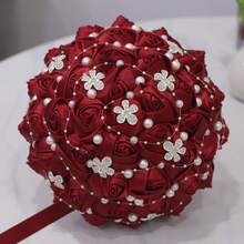 1件手工串珠新娘婚礼捧花，闪亮银色水晶缎带玫瑰，酒红色、海军蓝、浅紫色布艺永生花，人造布艺玫瑰捧花 W224 - 新娘手捧花 - 查看 1