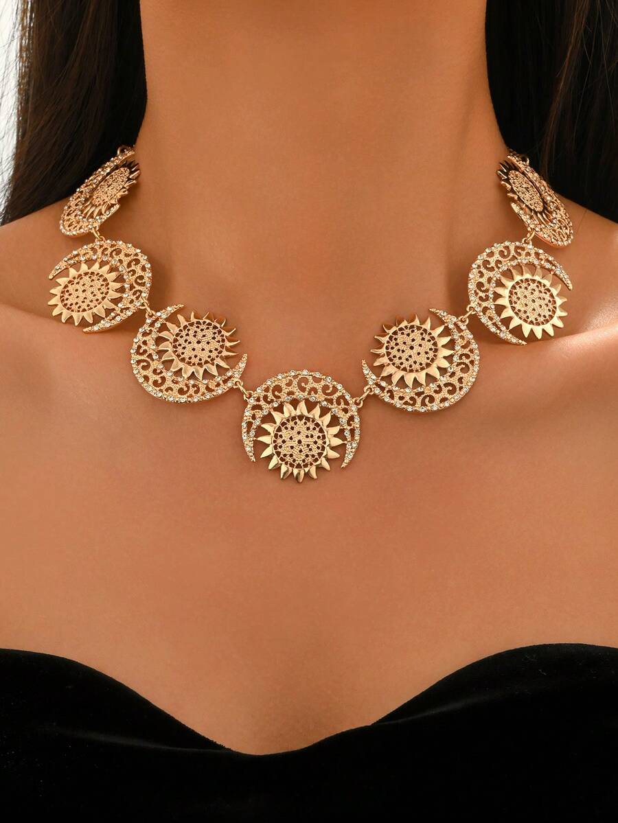 1件复古夸张水钻日月组合合金项链，适合女性日常通勤、派对和聚会装扮 - 金黃色 - 查看 1