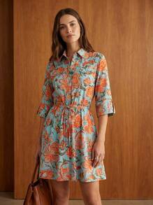Naf Naf TURQUOISE/ORANGE SHIRT DRESS Robes Courtes Orange Fabric - trái cam - Xem 1