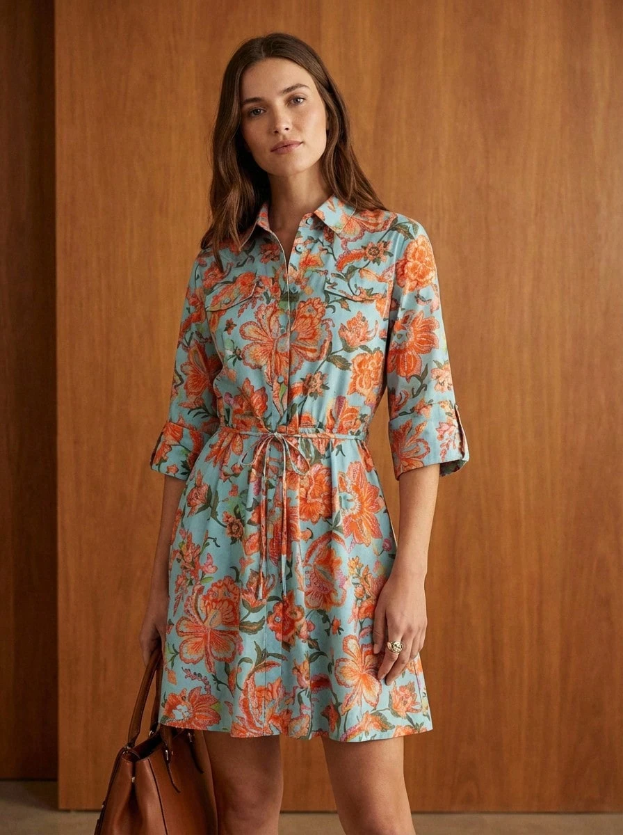 Naf Naf TURQUOISE/ORANGE SHIRT DRESS Robes Courtes Orange Fabric - trái cam - Xem 1