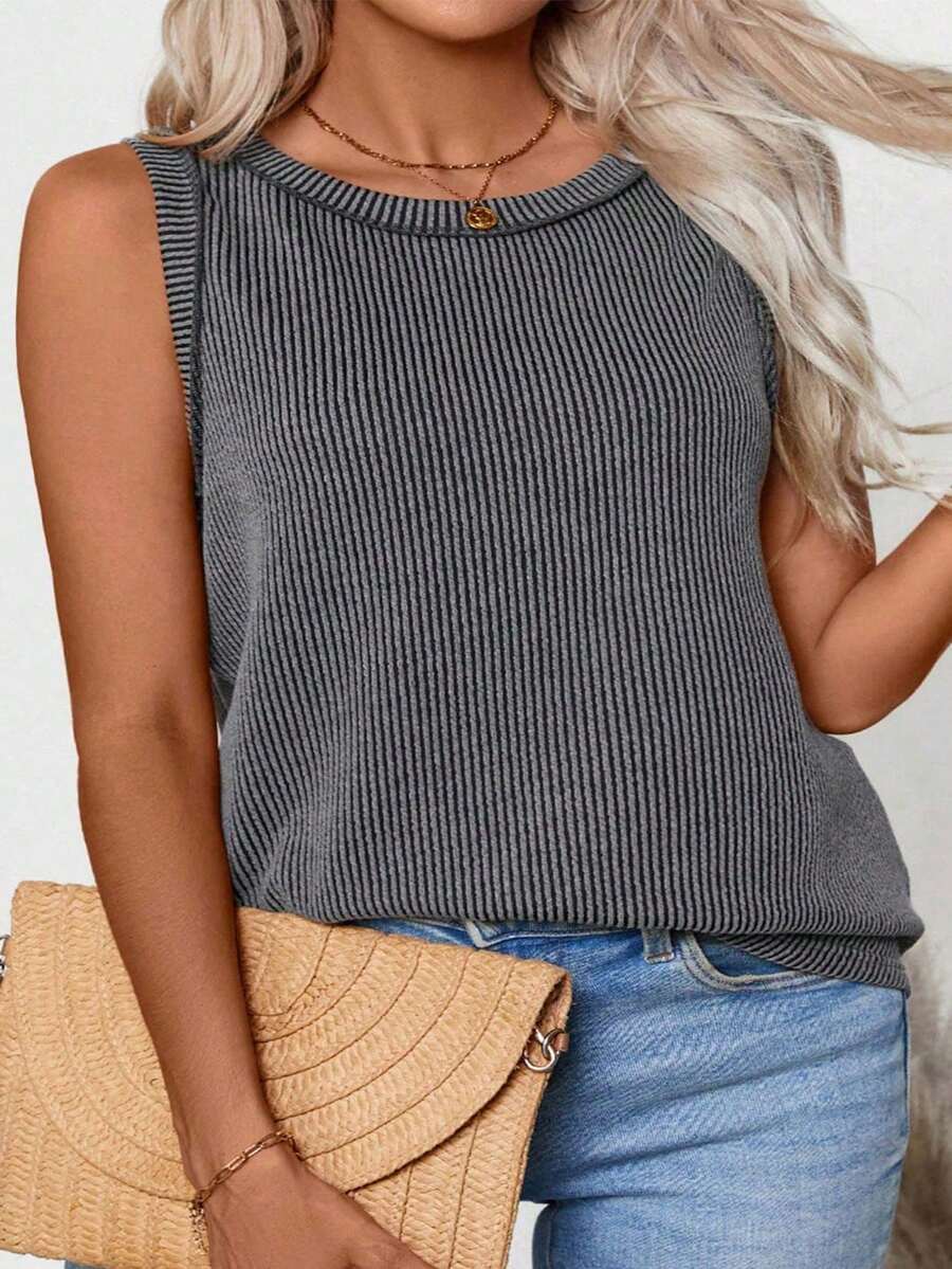 Plus Size Women Crew Neck Ribbed Tank Top, Casual Summer - 黑色 - 查看 1
