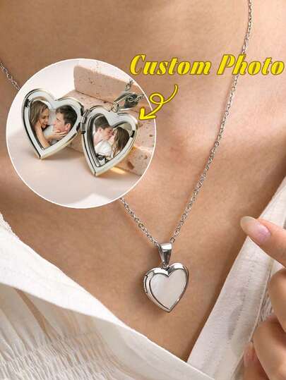 1pc Heart-Shaped Pendant Necklace, Heart-Shaped Pendant Necklace With Photo, Vintage Gold Heart-Shaped Pendant Necklace, Openable Pendant, Gift For Mom, Mother's Day Gift