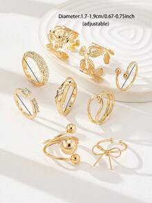9件套金色蝴蝶结、泡泡、花朵叠戴戒指套装 - 金色 - 查看 3