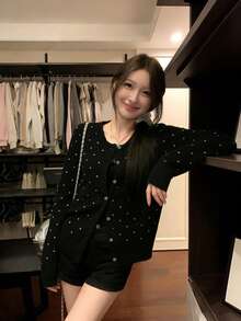 Áo khoác cardigan dệt kim dáng rộng cho nữ, cổ tròn, dáng thoải mái, áo khoác ngắn ôm dáng màu đen, thích hợp cho kỳ nghỉ. - màu đen - Xem 9