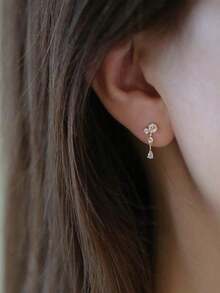 一对女士时尚优雅闪亮立方氧化锆水滴形耳钉，适合日常佩戴、聚会、送礼，采用925纯银制成 - 金色 - 查看 6