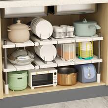 1 pieza Organizador expandible para debajo del fregadero, Estantería multifuncional de 2 niveles para ollas, Estantería de almacenamiento para gabinete de cocina, Accesorios organizadores para el baño - Blanco - Ver 7